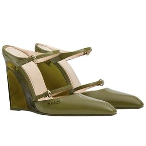 $1,490 Gucci Logo Leather Transparent 110 mm Wedge Mules Green EU 38 US 8 BNIB